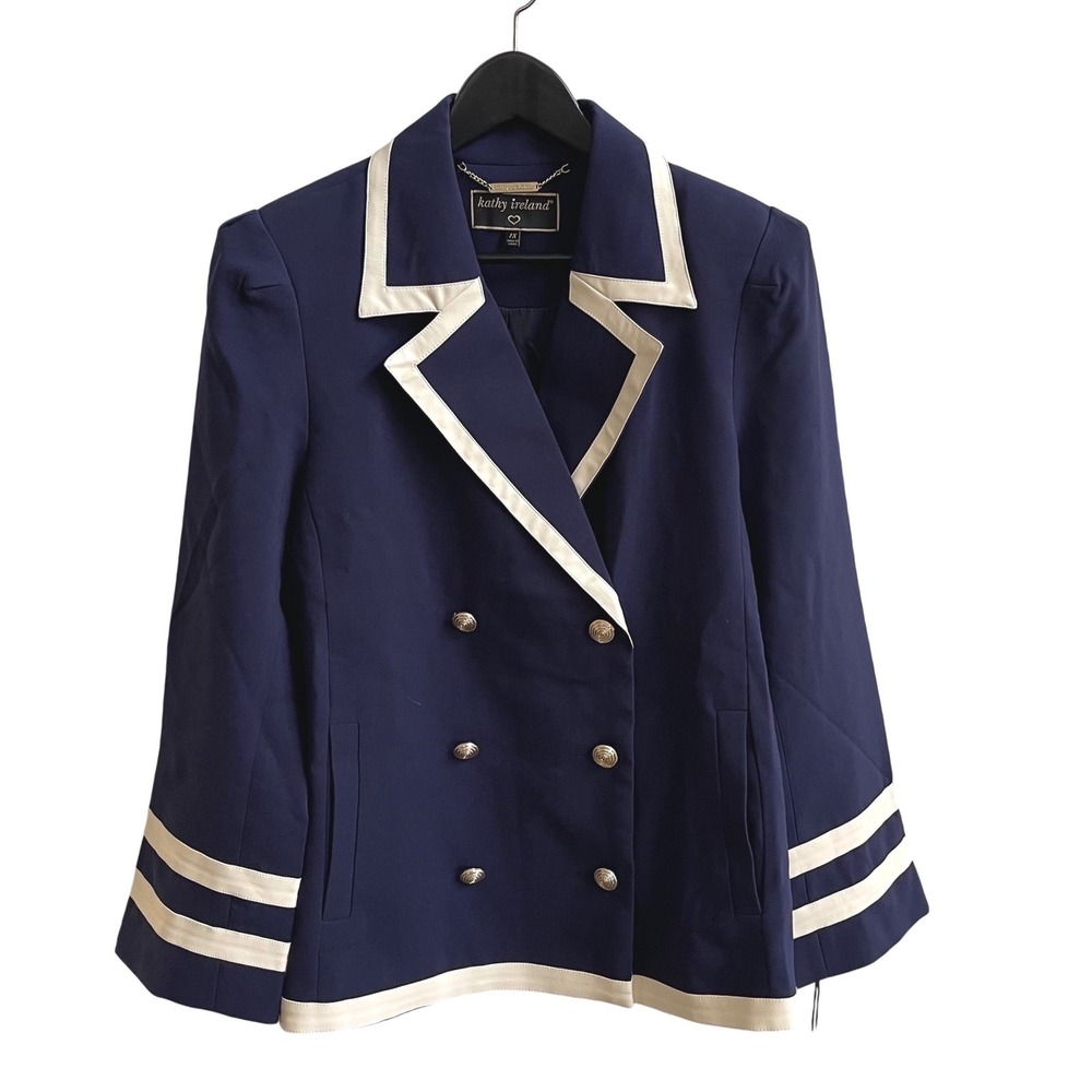 Kathy Ireland Blazer Women 1X Navy Blue Nautical Preppy Double Breasted Contrast - Picture 2 of 9